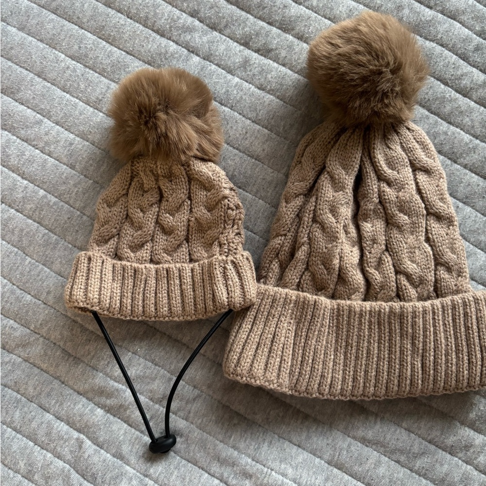 NWOT Cozy Tan Knit Pom-Pom Beanie Set for dogs with matching beanie for parent